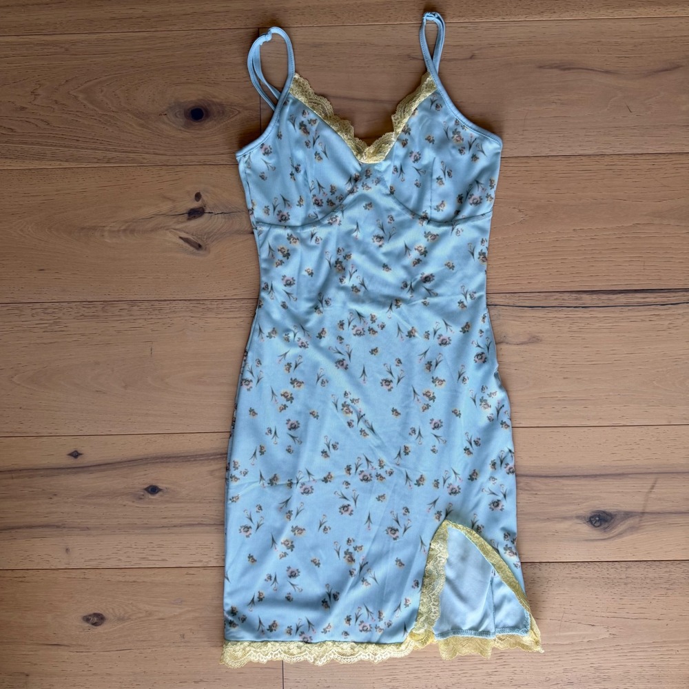 J for Justify - Y2K - Blue Floral Lace Trim Mini Slip Dress Size Small